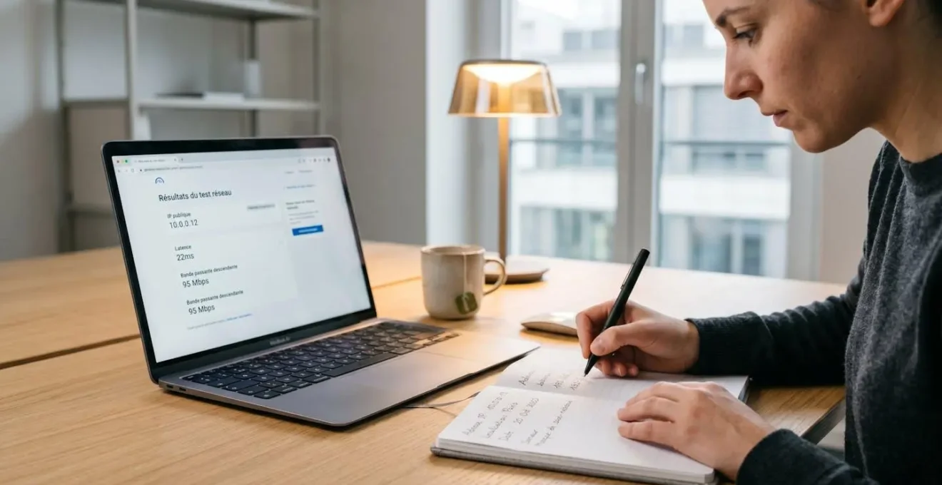 Gros plan sur les mains d'un professionnel IT écrivant une adresse IP et des informations de localisation dans un carnet professionnel posé à côté d'un ordinateur portable affichant une interface de test IP