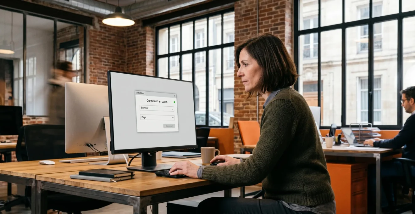 Professionnel IT d'une quarantaine d'années en posture debout activant une connexion VPN sur un ordinateur de bureau dans un espace de co-working parisien aux accents industriels contemporains