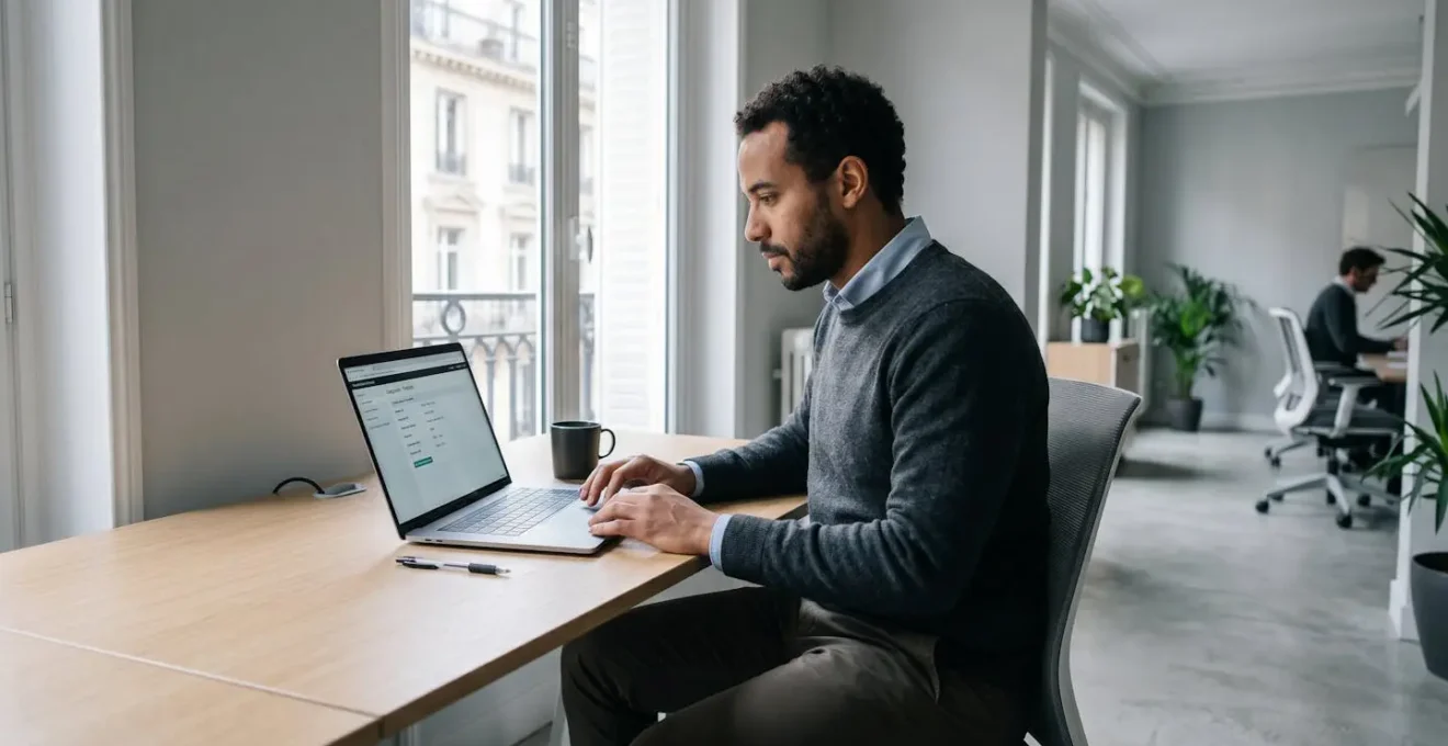 Responsable informatique d'une trentaine d'années consultant une interface de diagnostic IP sur son ordinateur portable dans un bureau parisien contemporain aux tons neutres et lumière naturelle