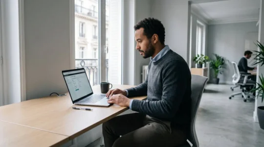 Responsable informatique d'une trentaine d'années consultant une interface de diagnostic IP sur son ordinateur portable dans un bureau parisien contemporain aux tons neutres et lumière naturelle